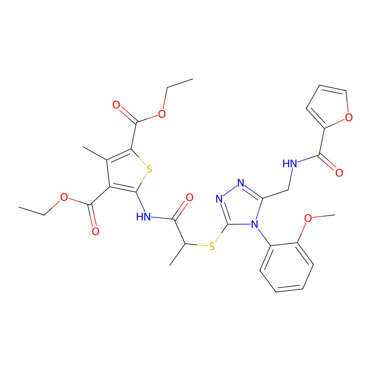 diethyl 5-(2-((5-((furan-2-carboxamido)methyl)-4-(2-methoxyphenyl)-4H-1,2,4-triazol-3-yl)thio)propanamido)-3-methylthiophene-2,4-dicarboxylate molecular structure, CAS 393817-37-3