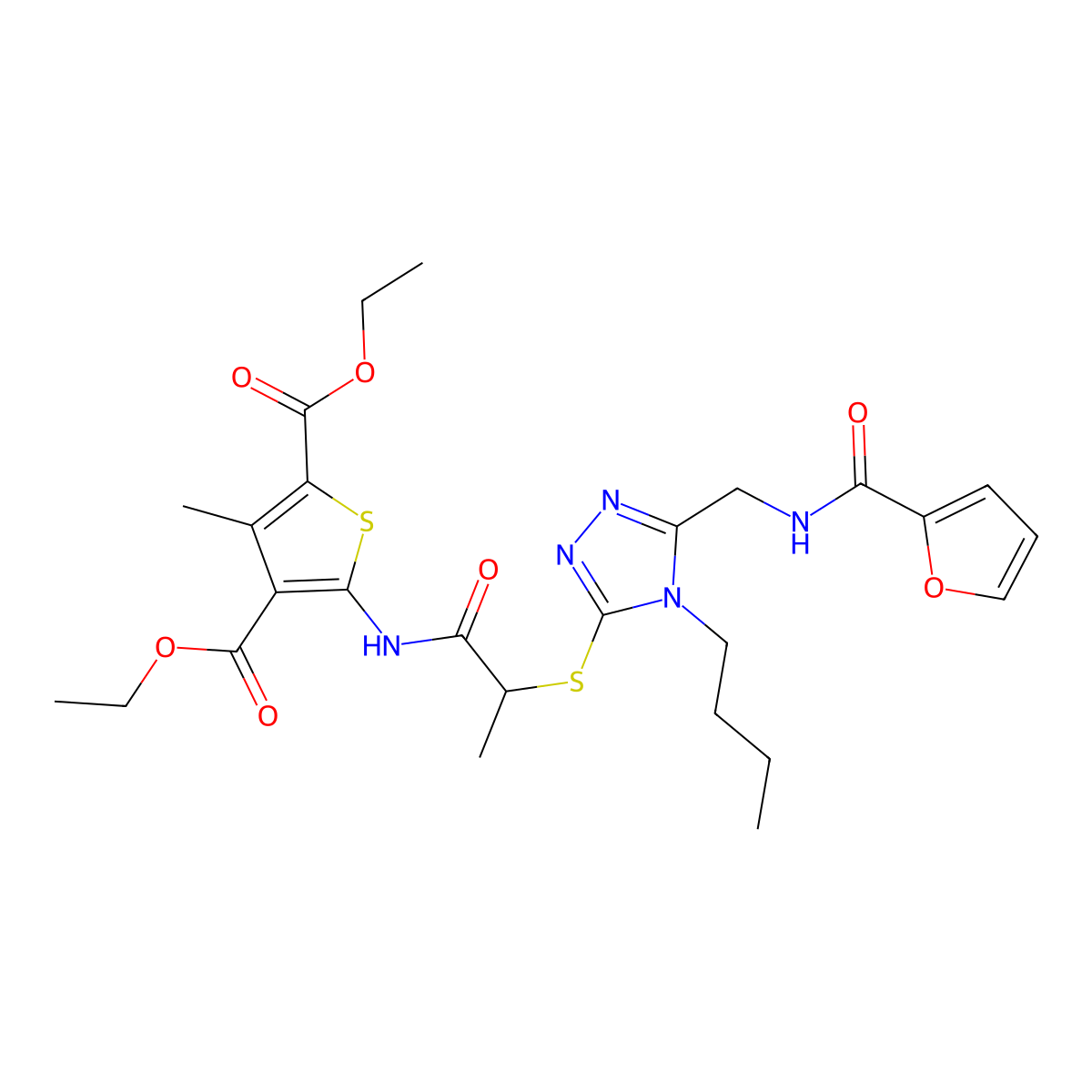 Diethyl 5-[2-[[4-butyl-5-[(furan-2-carbonylamino)methyl]-1,2,4-triazol-3-yl]sulfanyl]propanoylamino]-3-methylthiophene-2,4-dicarboxylate molecular structure, CAS 393817-43-1