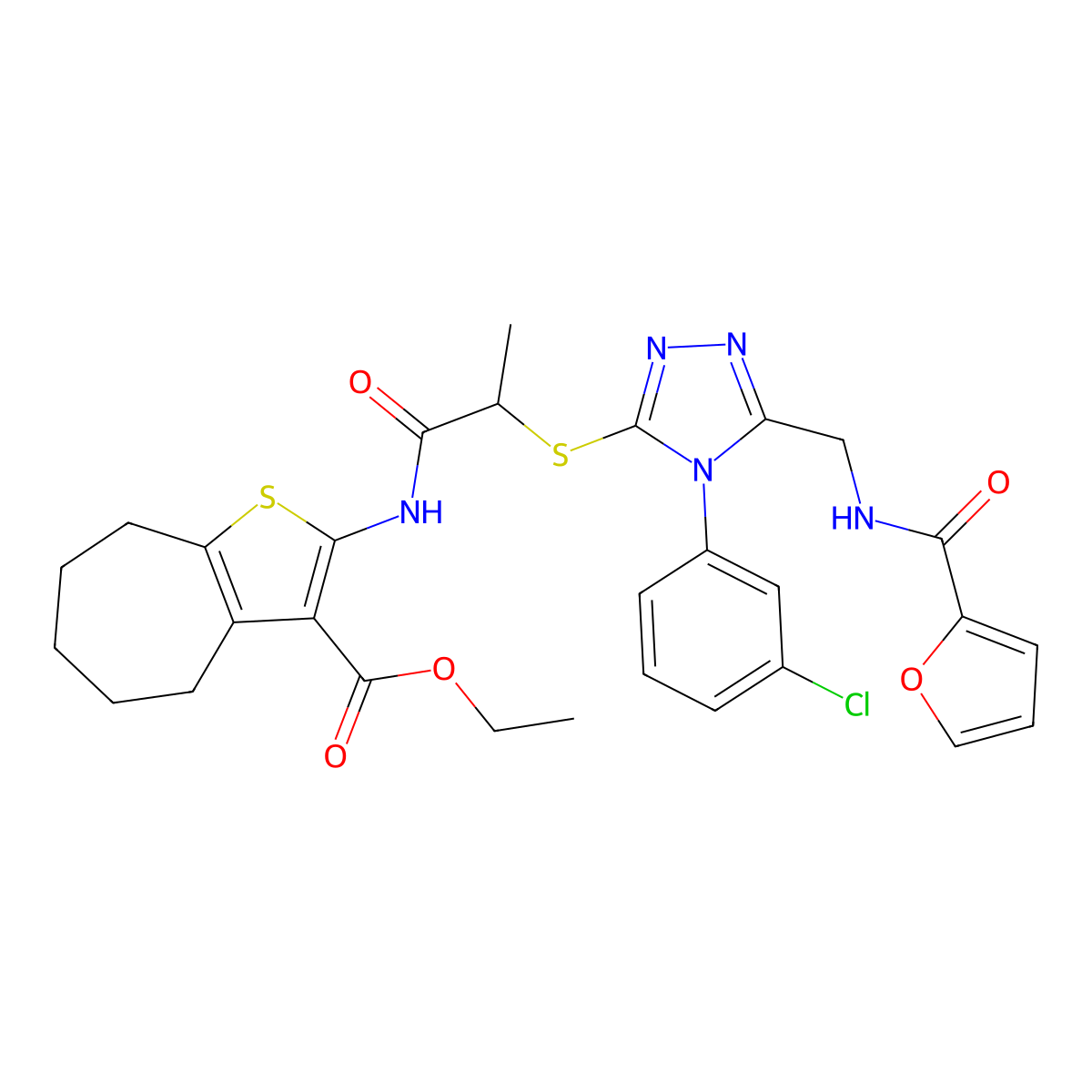 ethyl 2-(2-((4-(3-chlorophenyl)-5-((furan-2-carboxamido)methyl)-4H-1,2,4-triazol-3-yl)thio)propanamido)-5,6,7,8-tetrahydro-4H-cyclohepta[b]thiophene-3-carboxylate molecular structure, CAS 393817-54-4