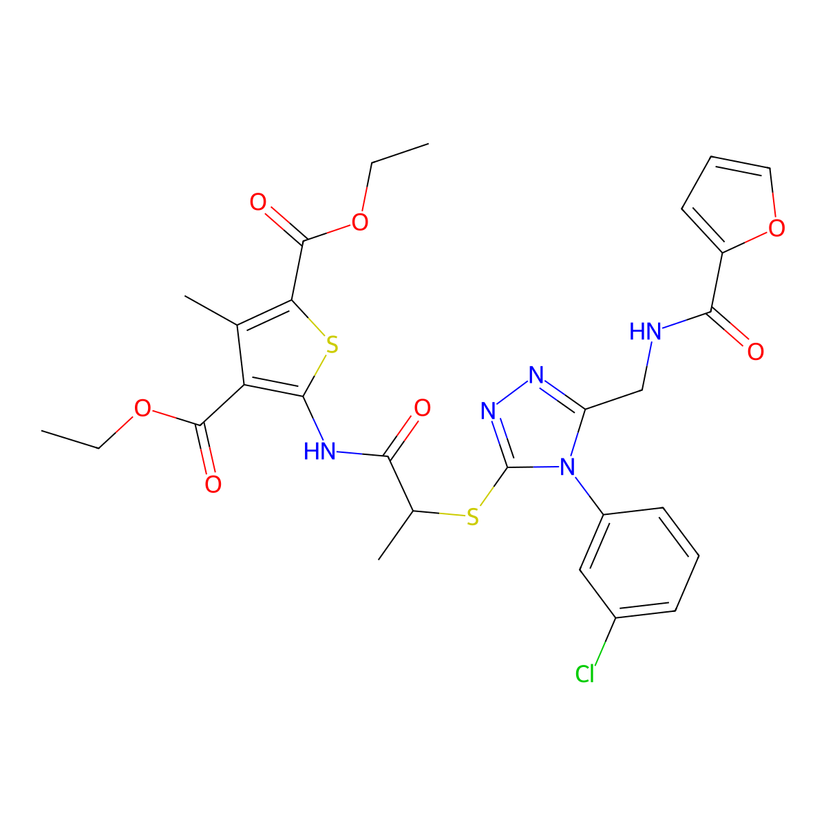 Diethyl 5-[2-[[4-(3-chlorophenyl)-5-[(furan-2-carbonylamino)methyl]-1,2,4-triazol-3-yl]sulfanyl]propanoylamino]-3-methylthiophene-2,4-dicarboxylate molecular structure, CAS 393817-55-5