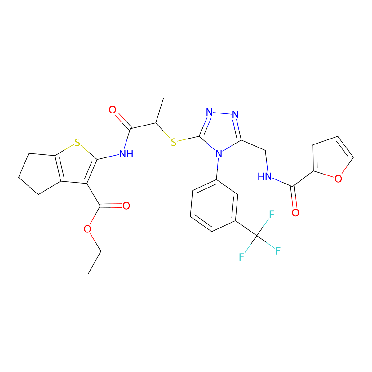 ethyl 2-[2-[[5-[(furan-2-carbonylamino)methyl]-4-[3-(trifluoromethyl)phenyl]-1,2,4-triazol-3-yl]sulfanyl]propanoylamino]-5,6-dihydro-4H-cyclopenta[b]thiophene-3-carboxylate molecular structure, CAS 393817-57-7