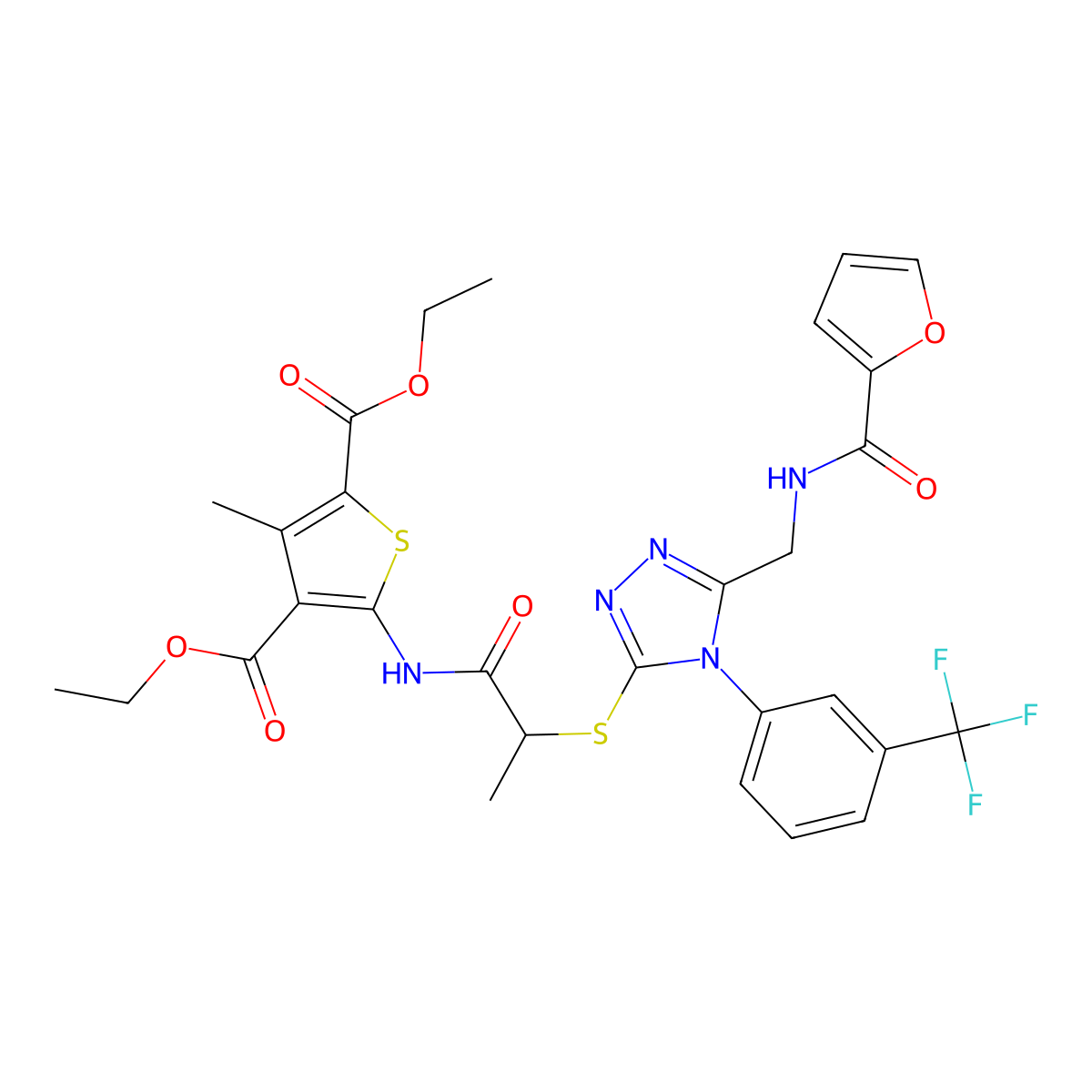 Diethyl 5-[2-[[5-[(furan-2-carbonylamino)methyl]-4-[3-(trifluoromethyl)phenyl]-1,2,4-triazol-3-yl]sulfanyl]propanoylamino]-3-methylthiophene-2,4-dicarboxylate molecular structure, CAS 393817-59-9