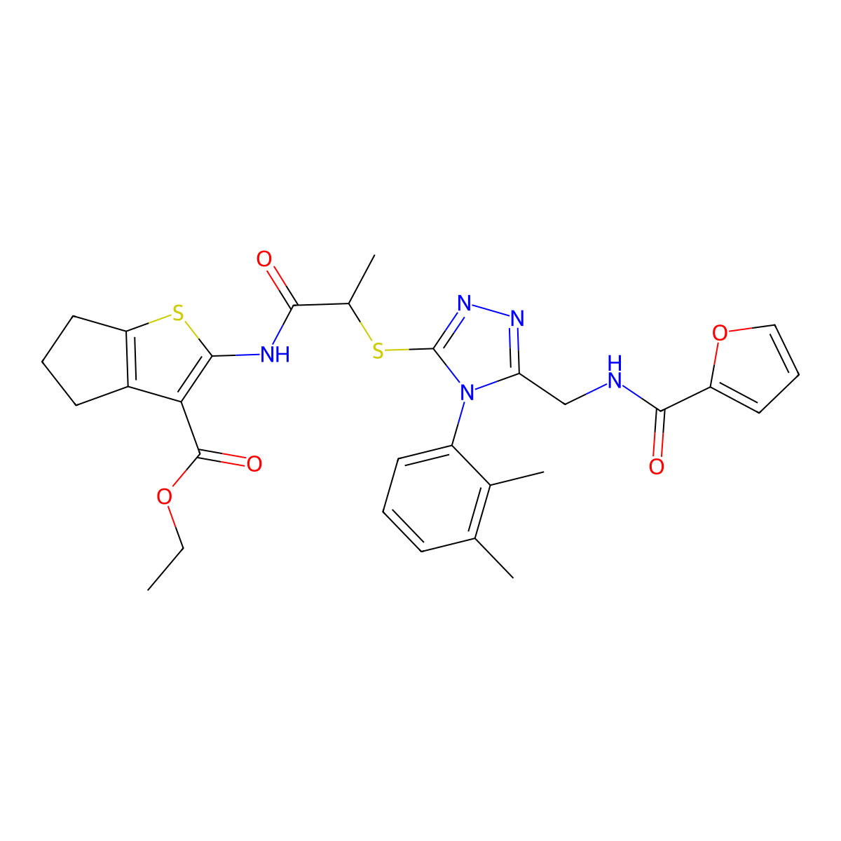 ethyl 2-(2-((4-(2,3-dimethylphenyl)-5-((furan-2-carboxamido)methyl)-4H-1,2,4-triazol-3-yl)thio)propanamido)-5,6-dihydro-4H-cyclopenta[b]thiophene-3-carboxylate molecular structure, CAS 393817-61-3
