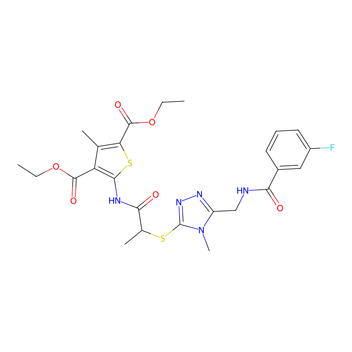 diethyl 5-(2-((5-((3-fluorobenzamido)methyl)-4-methyl-4H-1,2,4-triazol-3-yl)thio)propanamido)-3-methylthiophene-2,4-dicarboxylate molecular structure, CAS 393817-71-5