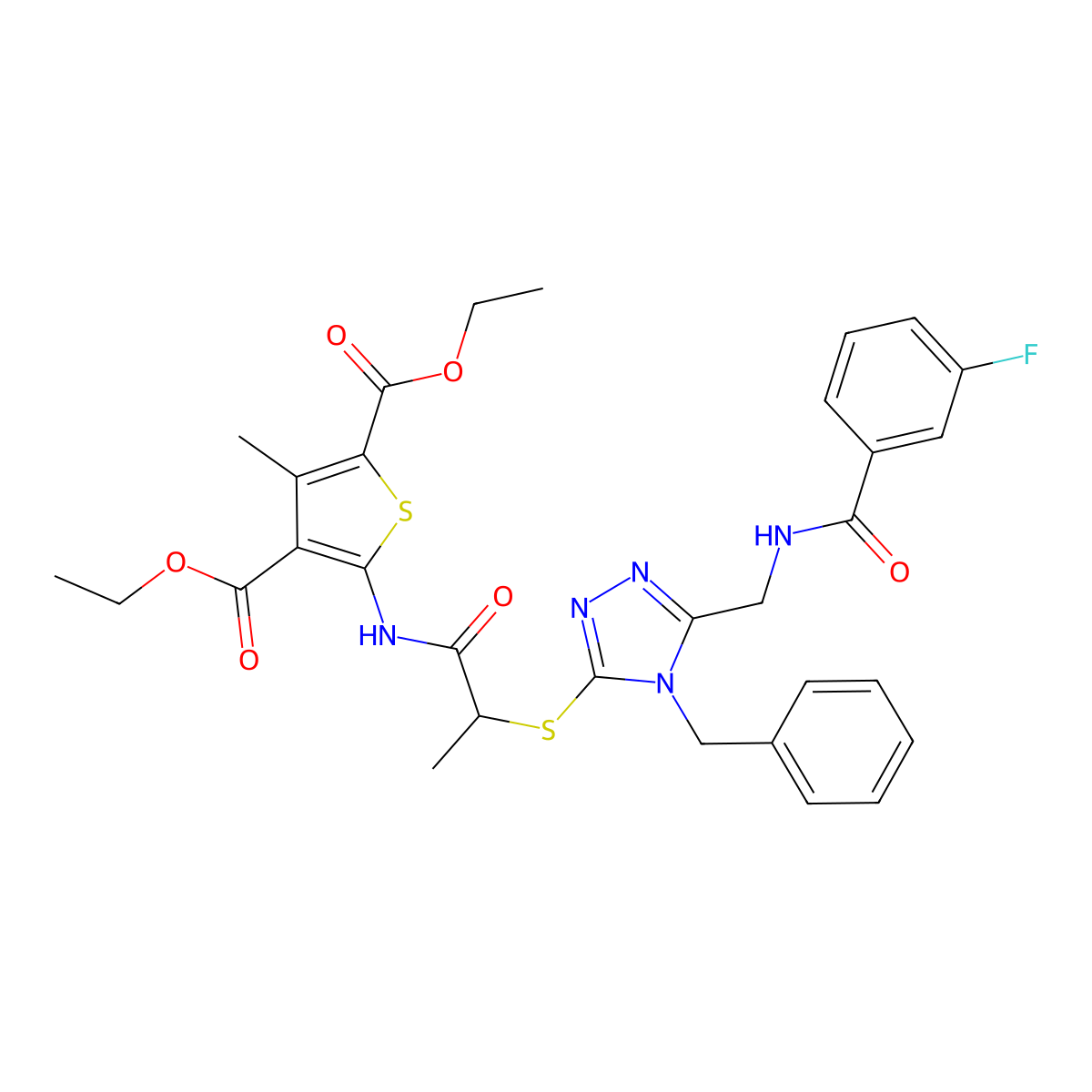 Diethyl 5-[2-[[4-benzyl-5-[[(3-fluorobenzoyl)amino]methyl]-1,2,4-triazol-3-yl]sulfanyl]propanoylamino]-3-methylthiophene-2,4-dicarboxylate molecular structure, CAS 393817-79-3
