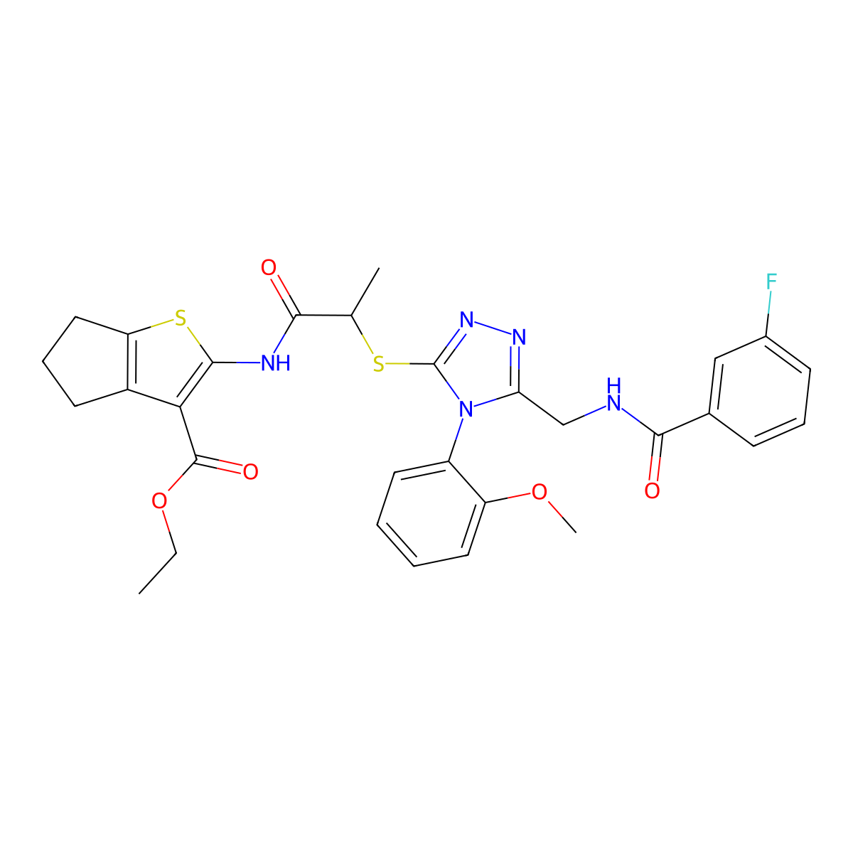 ethyl 2-[2-[[5-[[(3-fluorobenzoyl)amino]methyl]-4-(2-methoxyphenyl)-1,2,4-triazol-3-yl]sulfanyl]propanoylamino]-5,6-dihydro-4H-cyclopenta[b]thiophene-3-carboxylate molecular structure, CAS 393817-80-6