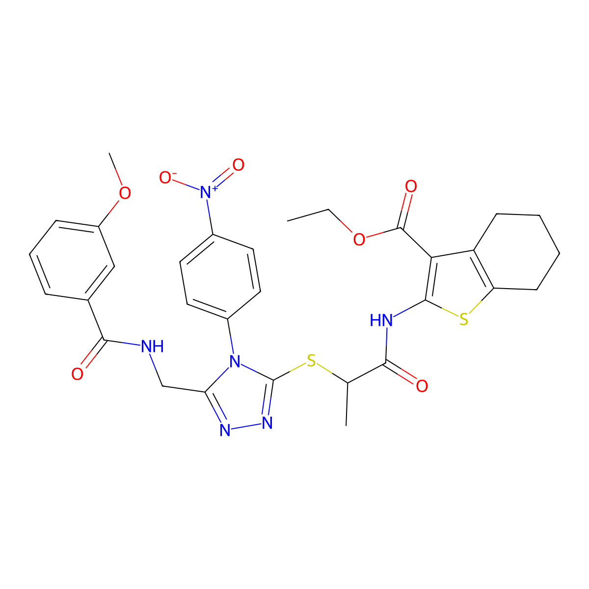 ethyl 2-{2-[(5-{[(3-methoxyphenyl)formamido]methyl}-4-(4-nitrophenyl)-4H-1,2,4-triazol-3-yl)sulfanyl]propanamido}-4,5,6,7-tetrahydro-1-benzothiophene-3-carboxylate molecular structure, CAS 393817-96-4