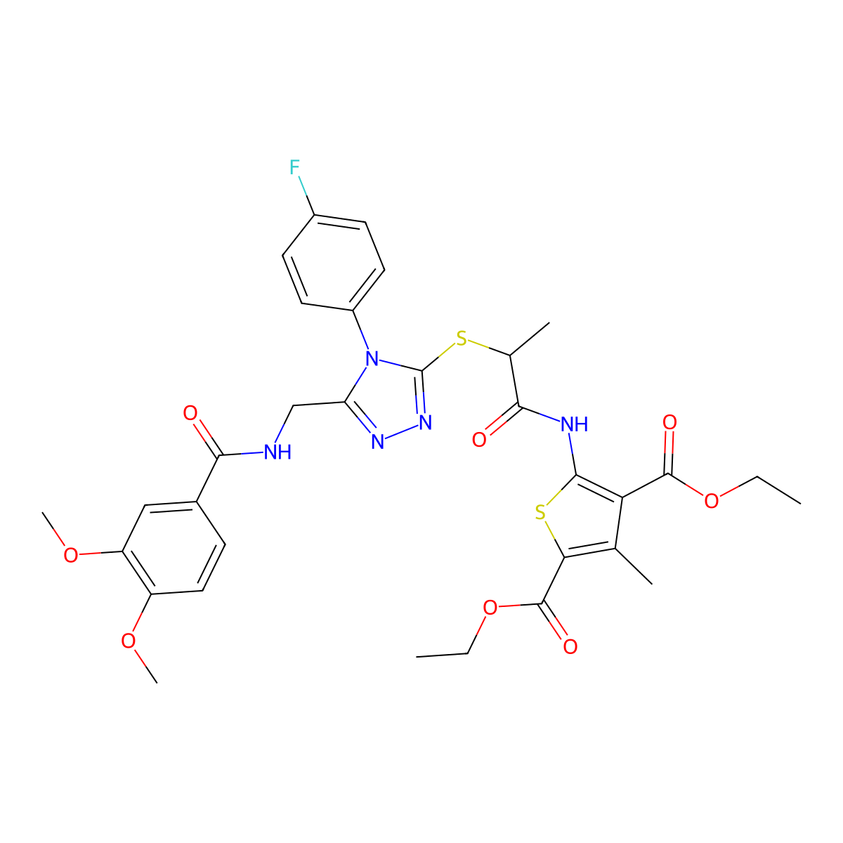 diethyl 5-(2-((5-((3,4-dimethoxybenzamido)methyl)-4-(4-fluorophenyl)-4H-1,2,4-triazol-3-yl)thio)propanamido)-3-methylthiophene-2,4-dicarboxylate molecular structure, CAS 393818-24-1