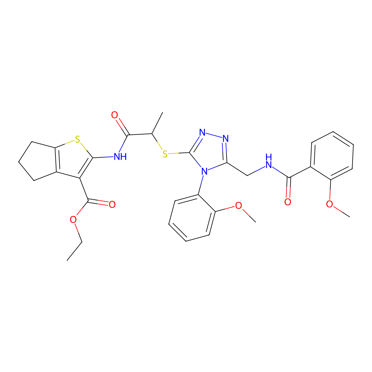 ethyl 2-[2-[[5-[[(2-methoxybenzoyl)amino]methyl]-4-(2-methoxyphenyl)-1,2,4-triazol-3-yl]sulfanyl]propanoylamino]-5,6-dihydro-4H-cyclopenta[b]thiophene-3-carboxylate molecular structure, CAS 393819-51-7