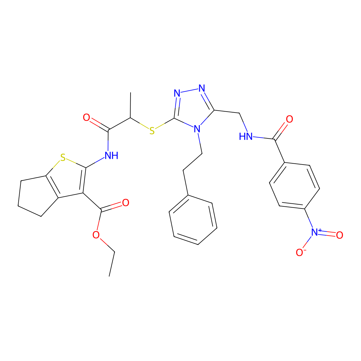 ethyl 2-(2-((5-((4-nitrobenzamido)methyl)-4-phenethyl-4H-1,2,4-triazol-3-yl)thio)propanamido)-5,6-dihydro-4H-cyclopenta[b]thiophene-3-carboxylate molecular structure, CAS 393819-67-5
