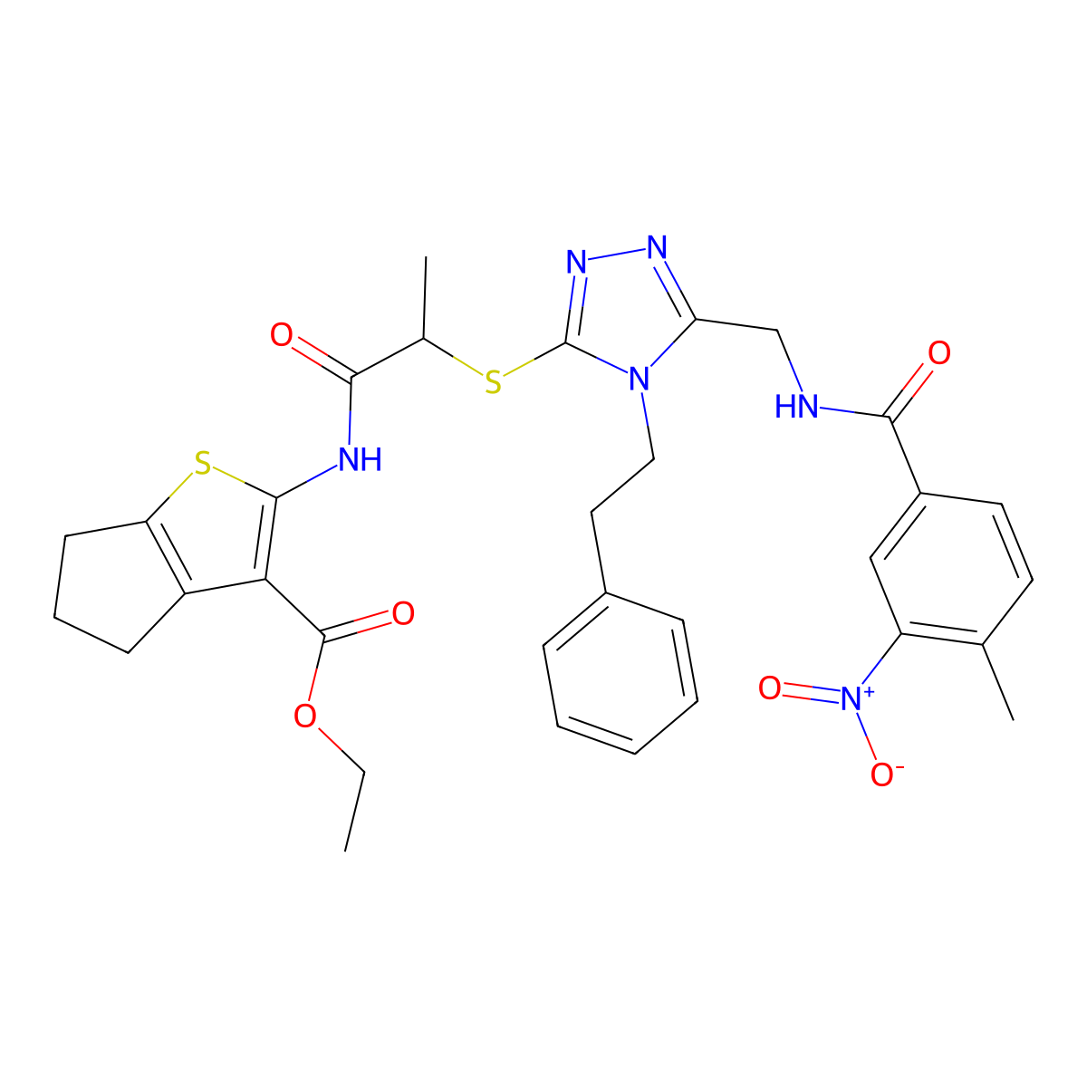 ethyl 2-(2-((5-((4-methyl-3-nitrobenzamido)methyl)-4-phenethyl-4H-1,2,4-triazol-3-yl)thio)propanamido)-5,6-dihydro-4H-cyclopenta[b]thiophene-3-carboxylate molecular structure, CAS 393819-69-7
