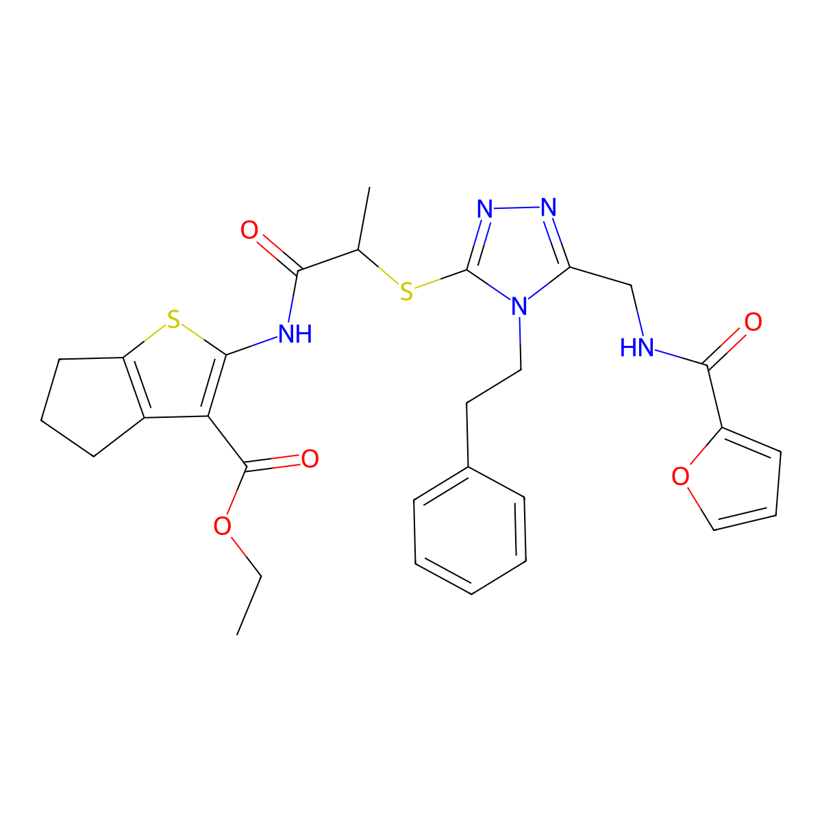 ethyl 2-(2-((5-((furan-2-carboxamido)methyl)-4-phenethyl-4H-1,2,4-triazol-3-yl)thio)propanamido)-5,6-dihydro-4H-cyclopenta[b]thiophene-3-carboxylate molecular structure, CAS 393819-89-1