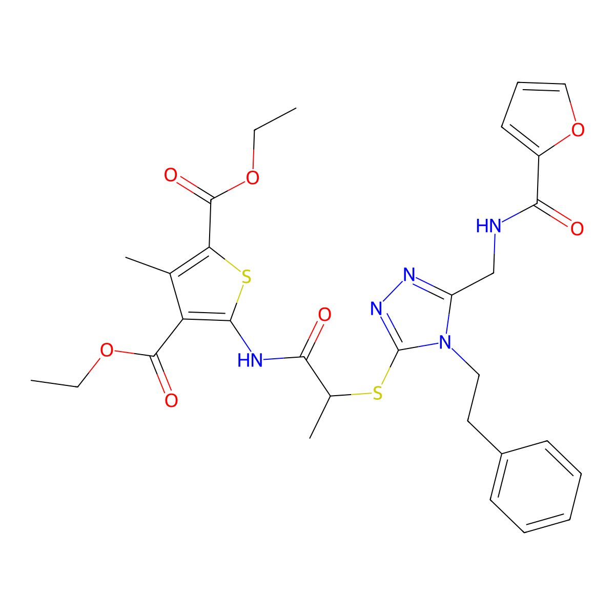 diethyl 5-(2-((5-((furan-2-carboxamido)methyl)-4-phenethyl-4H-1,2,4-triazol-3-yl)thio)propanamido)-3-methylthiophene-2,4-dicarboxylate molecular structure, CAS 393819-91-5