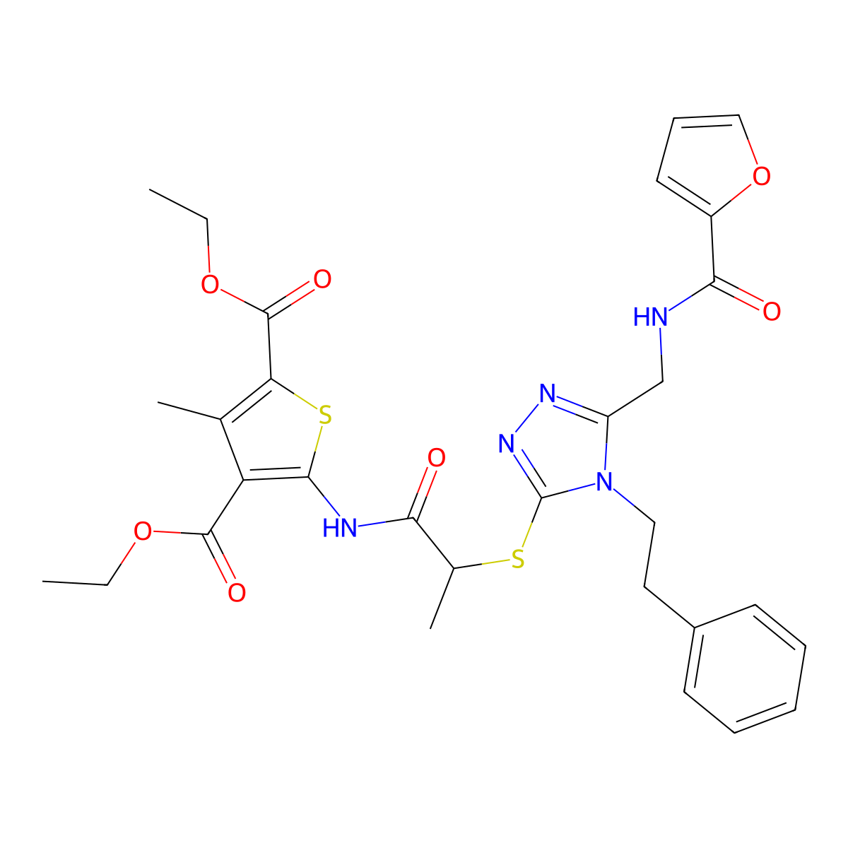 diethyl 5-(2-((5-((furan-2-carboxamido)methyl)-4-phenethyl-4H-1,2,4-triazol-3-yl)thio)propanamido)-3-methylthiophene-2,4-dicarboxylate molecular structure, CAS 393819-91-5