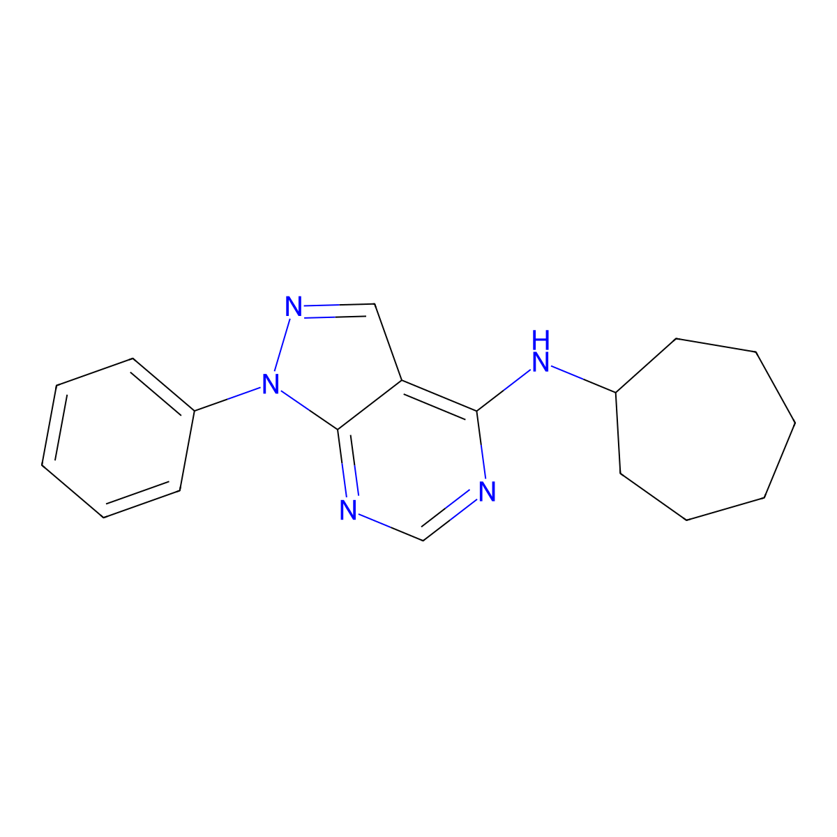 N-cycloheptyl-1-phenyl-1H-pyrazolo[3,4-d]pyrimidin-4-amine molecular structure, CAS 393820-08-1
