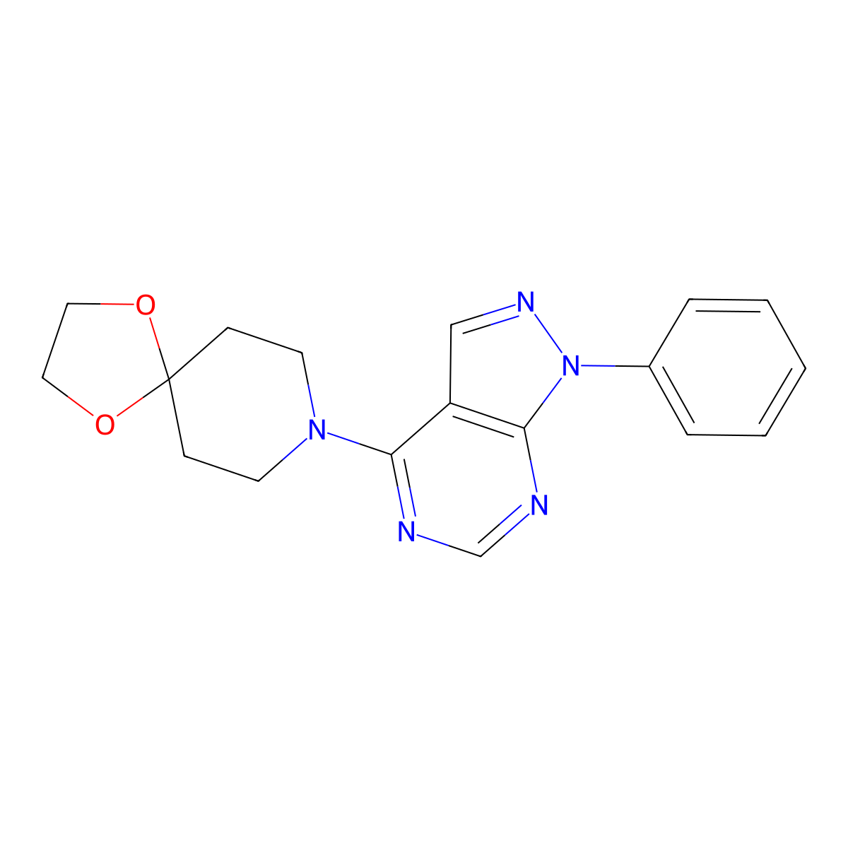 8-(1-phenyl-1H-pyrazolo[3,4-d]pyrimidin-4-yl)-1,4-dioxa-8-azaspiro[4.5]decane molecular structure, CAS 393820-30-9