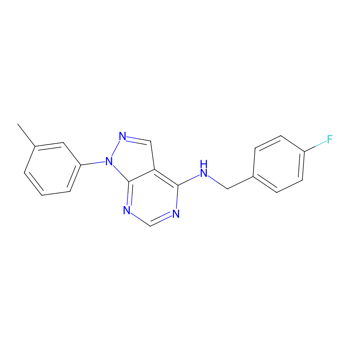 N-[(4-fluorophenyl)methyl]-1-(3-methylphenyl)-1H-pyrazolo[3,4-d]pyrimidin-4-amine molecular structure, CAS 393820-85-4