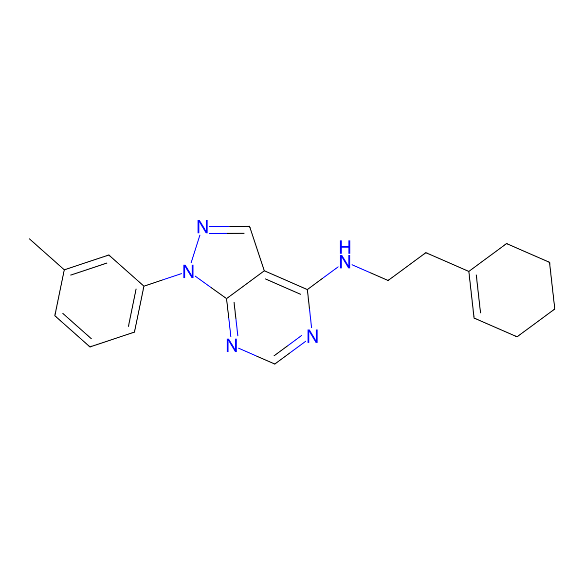 N-[2-(cyclohexen-1-yl)ethyl]-1-(3-methylphenyl)pyrazolo[3,4-d]pyrimidin-4-amine molecular structure, CAS 393820-91-2