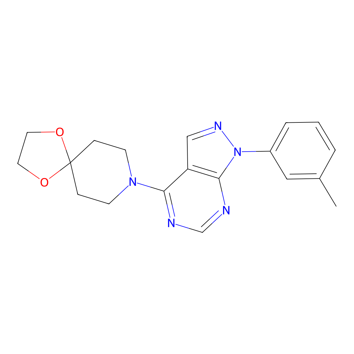 8-[1-(3-methylphenyl)-1H-pyrazolo[3,4-d]pyrimidin-4-yl]-1,4-dioxa-8-azaspiro[4.5]decane molecular structure, CAS 393821-17-5