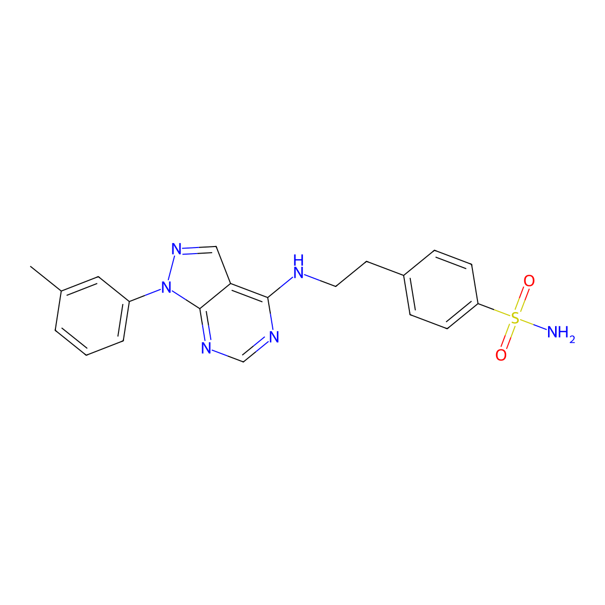 4-[2-[[1-(3-Methylphenyl)pyrazolo[3,4-d]pyrimidin-4-yl]amino]ethyl]benzenesulfonamide molecular structure, CAS 393821-21-1