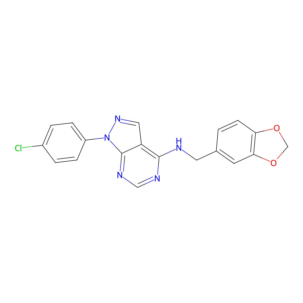 N-(1,3-benzodioxol-5-ylmethyl)-1-(4-chlorophenyl)-1H-pyrazolo[3,4-d]pyrimidin-4-amine molecular structure, CAS 393821-56-2