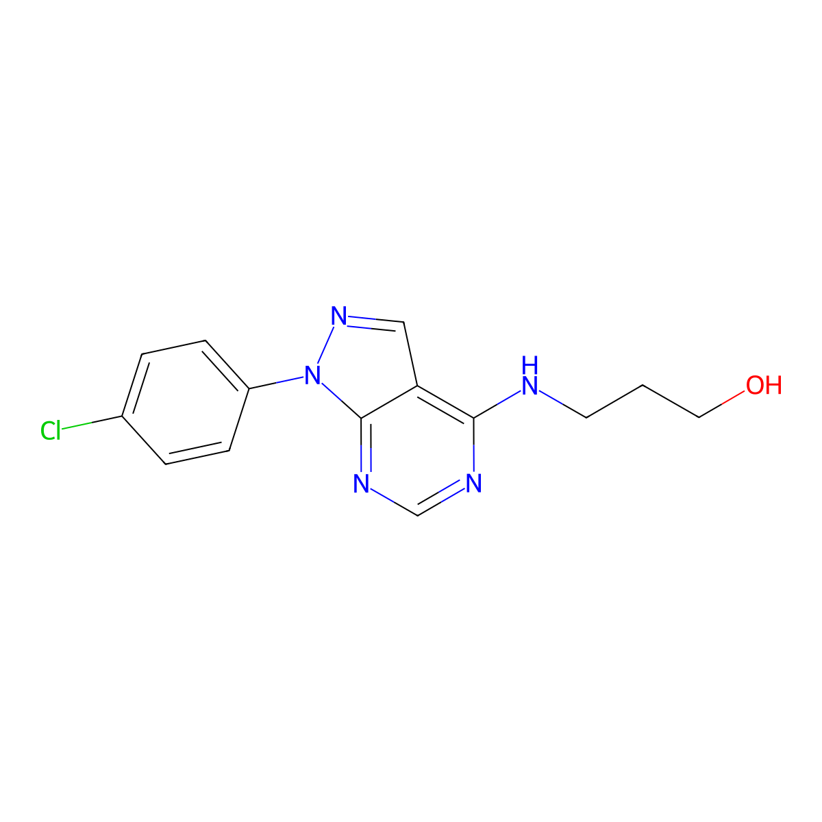 3-((1-(4-Chlorophenyl)-1H-pyrazolo[3,4-d]pyrimidin-4-yl)amino)propan-1-ol molecular structure, CAS 393821-89-1