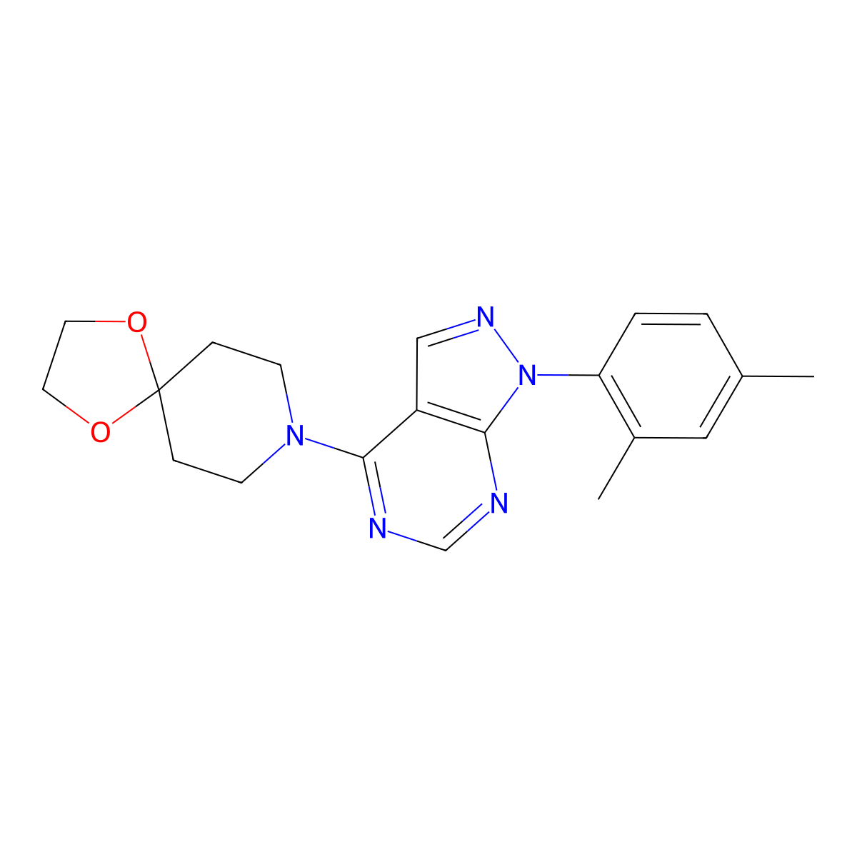 8-[1-(2,4-Dimethylphenyl)pyrazolo[3,4-d]pyrimidin-4-yl]-1,4-dioxa-8-azaspiro[4.5]decane molecular structure, CAS 393823-03-5