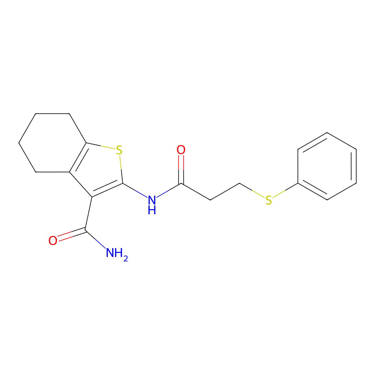 2-(3-(Phenylthio)propanamido)-4,5,6,7-tetrahydrobenzo[b]thiophene-3-carboxamide molecular structure, CAS 393837-27-9