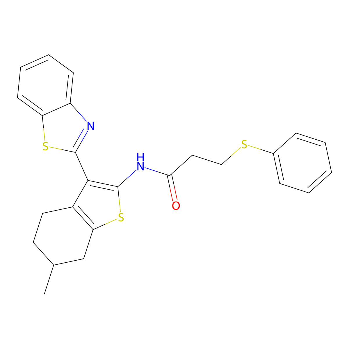 N-(3-(benzo[d]thiazol-2-yl)-6-methyl-4,5,6,7-tetrahydrobenzo[b]thiophen-2-yl)-3-(phenylthio)propanamide molecular structure, CAS 393837-28-0