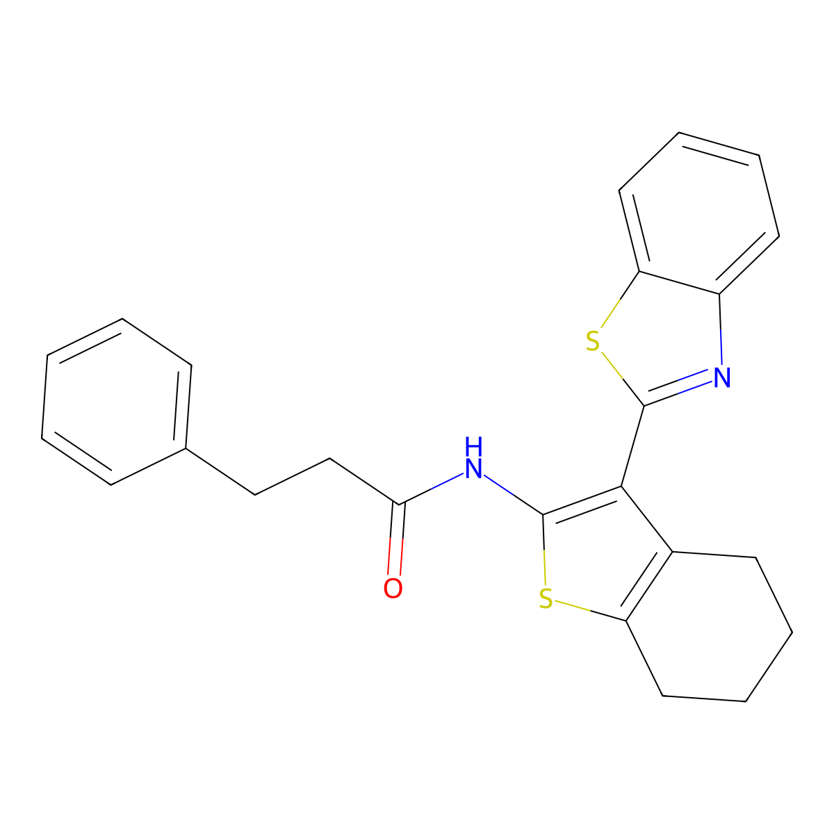 N-[3-(1,3-benzothiazol-2-yl)-4,5,6,7-tetrahydro-1-benzothiophen-2-yl]-3-phenylpropanamide molecular structure, CAS 393837-49-5