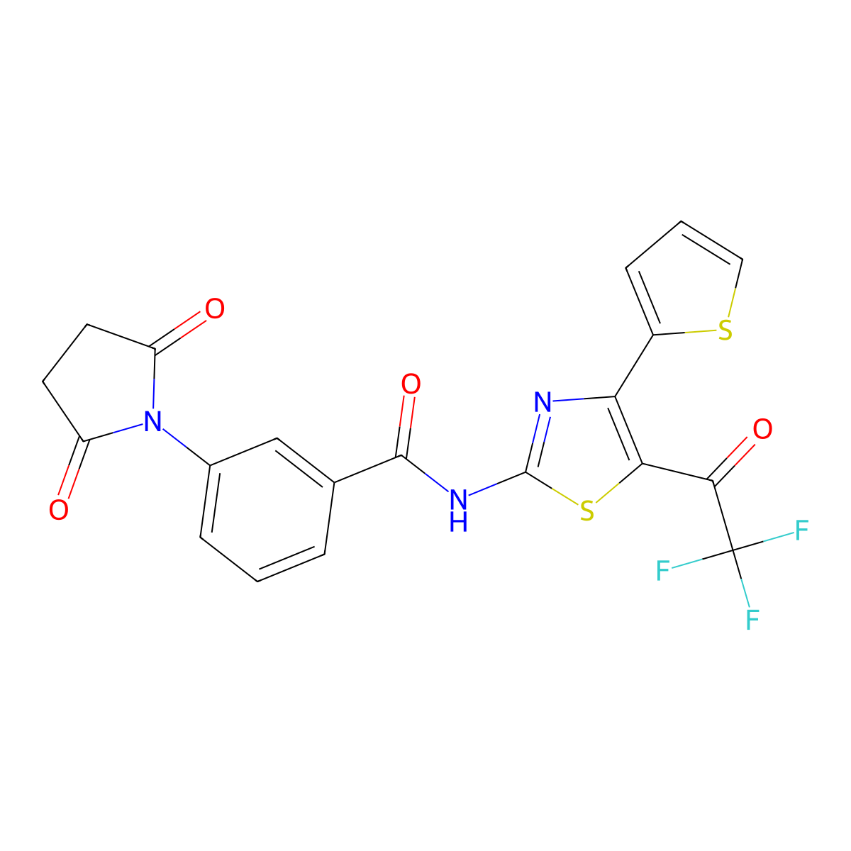 3-(2,5-dioxopyrrolidin-1-yl)-N-(4-(thiophen-2-yl)-5-(2,2,2-trifluoroacetyl)thiazol-2-yl)benzamide molecular structure, CAS 393837-57-5