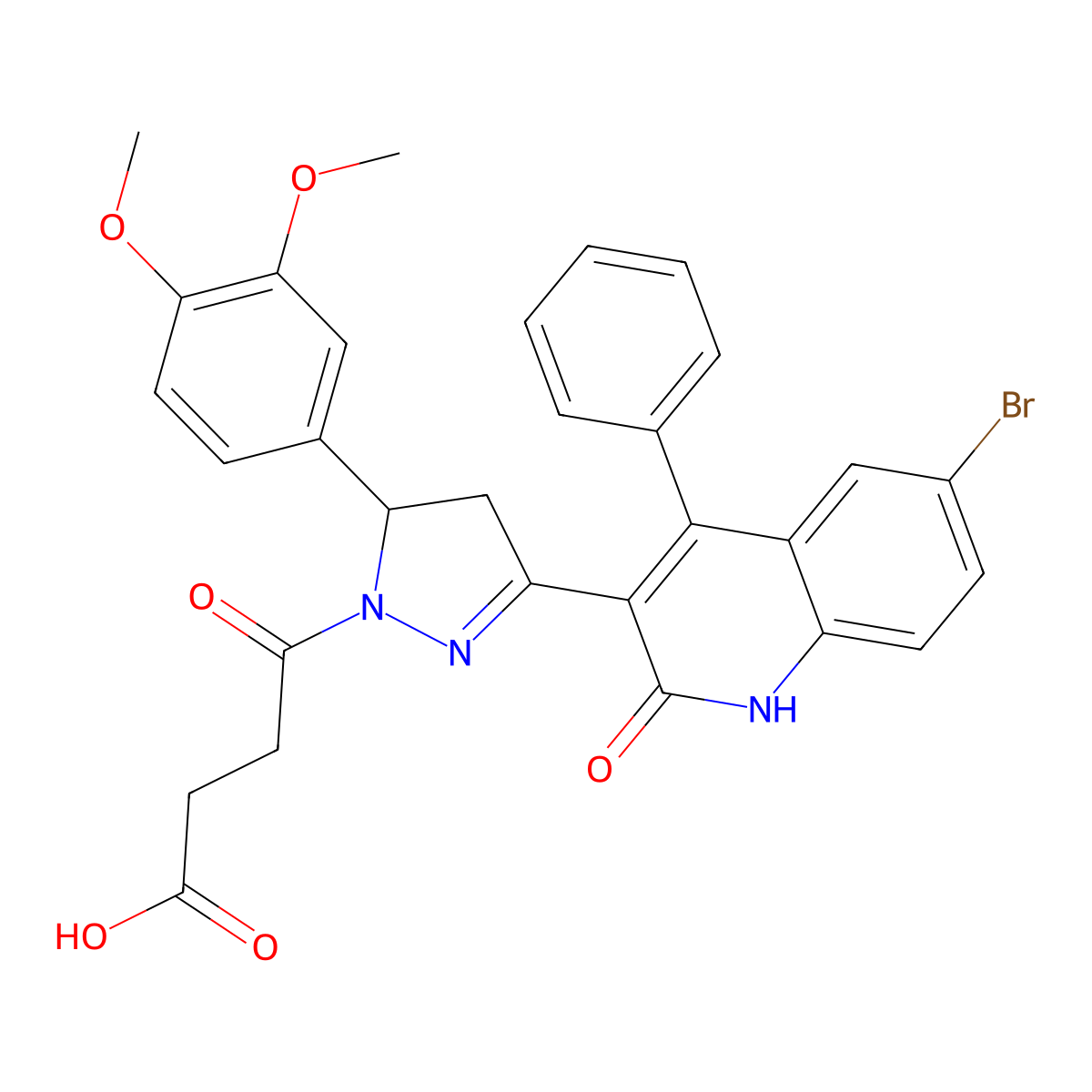 4-[3-(6-bromo-2-hydroxy-4-phenylquinolin-3-yl)-5-(3,4-dimethoxyphenyl)-4,5-dihydro-1H-pyrazol-1-yl]-4-oxobutanoic acid molecular structure, CAS 393837-93-9