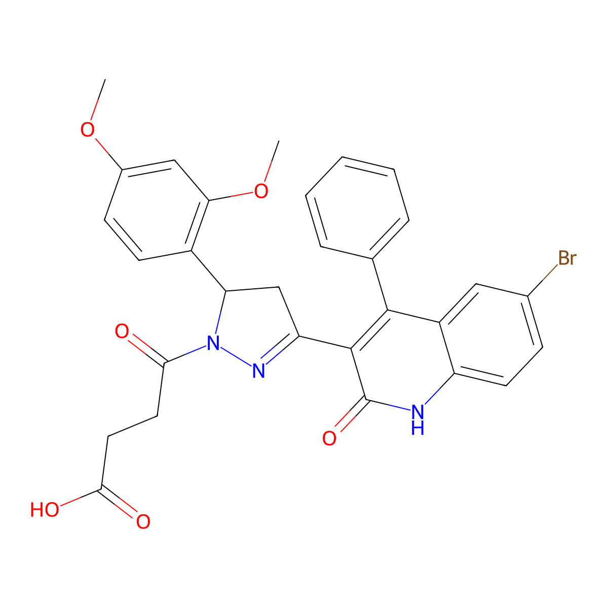 4-(3-(6-bromo-2-hydroxy-4-phenylquinolin-3-yl)-5-(2,4-dimethoxyphenyl)-4,5-dihydro-1H-pyrazol-1-yl)-4-oxobutanoic acid molecular structure, CAS 393837-94-0