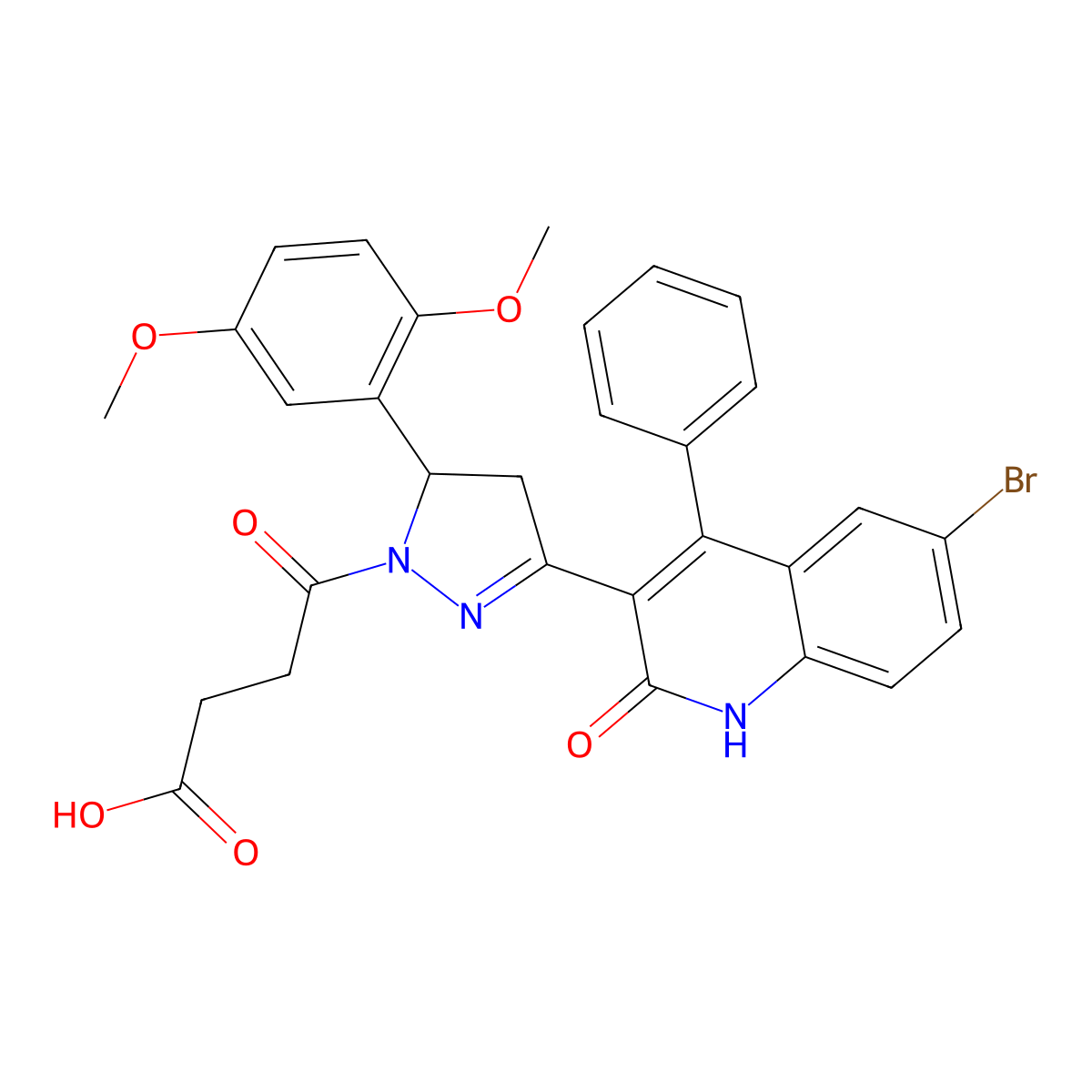 4-(3-(6-bromo-2-hydroxy-4-phenylquinolin-3-yl)-5-(2,5-dimethoxyphenyl)-4,5-dihydro-1H-pyrazol-1-yl)-4-oxobutanoic acid molecular structure, CAS 393837-95-1
