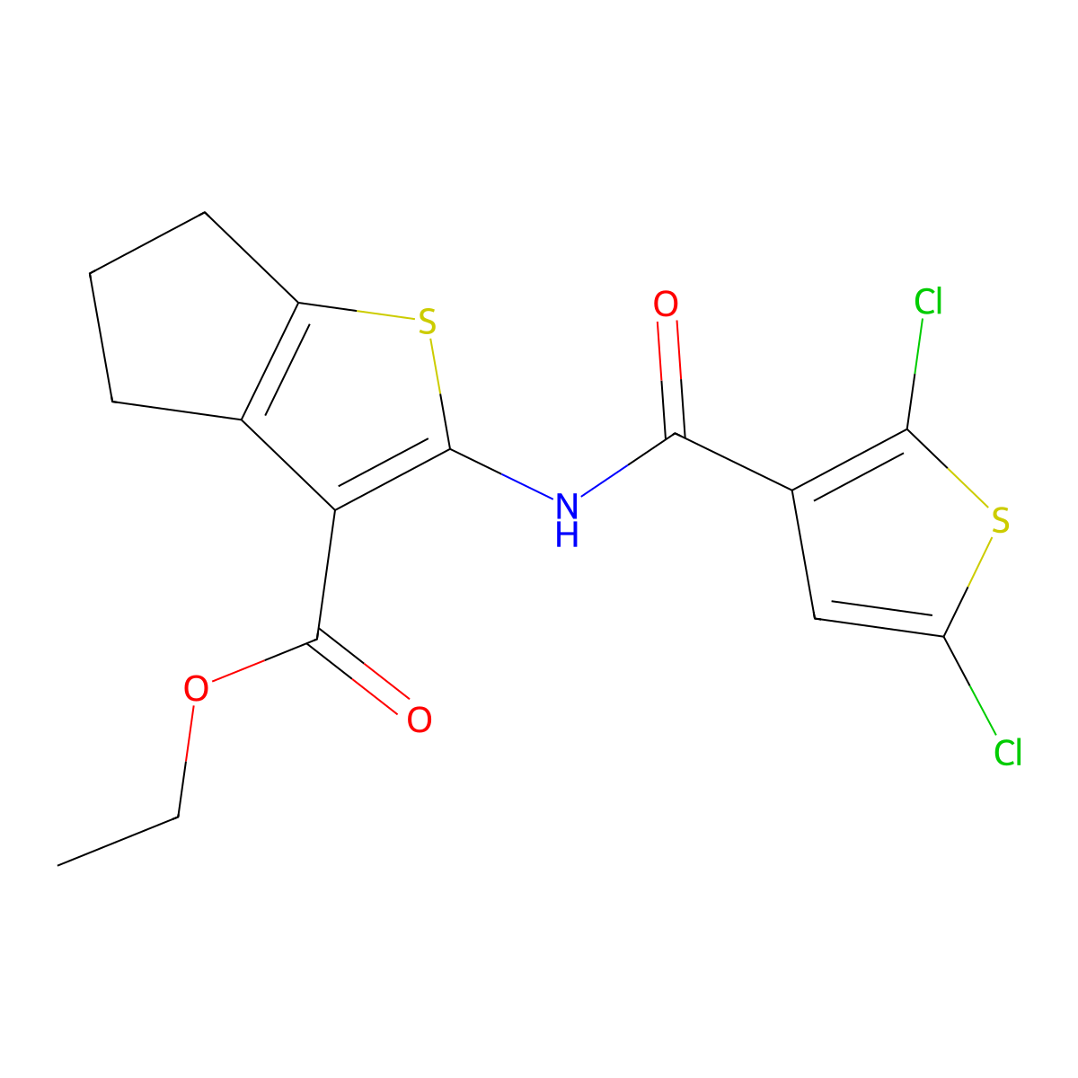 ethyl 2-(2,5-dichlorothiophene-3-carboxamido)-5,6-dihydro-4H-cyclopenta[b]thiophene-3-carboxylate molecular structure, CAS 393838-58-9