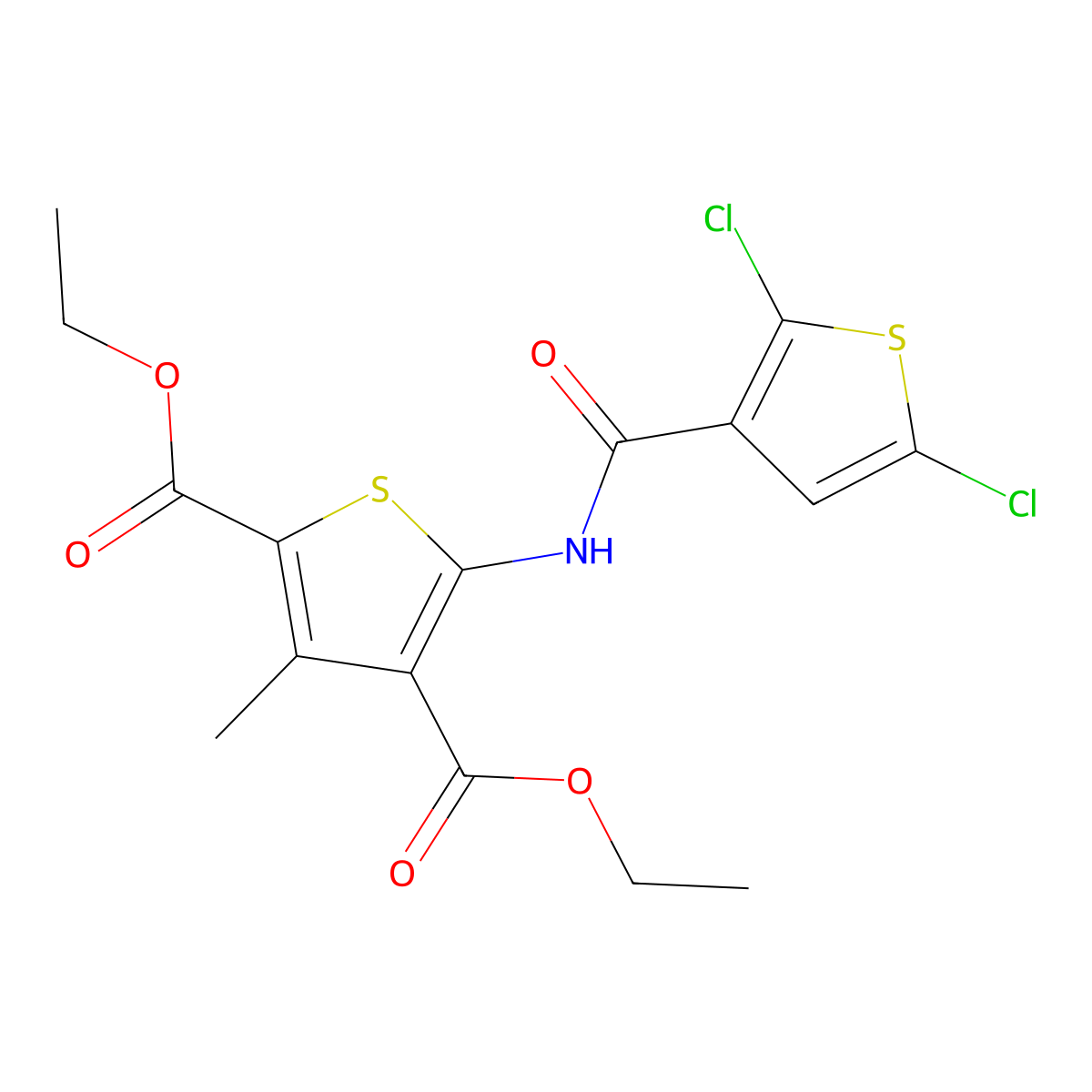 Diethyl 5-(2,5-dichlorothiophene-3-carboxamido)-3-methylthiophene-2,4-dicarboxylate molecular structure, CAS 393838-61-4