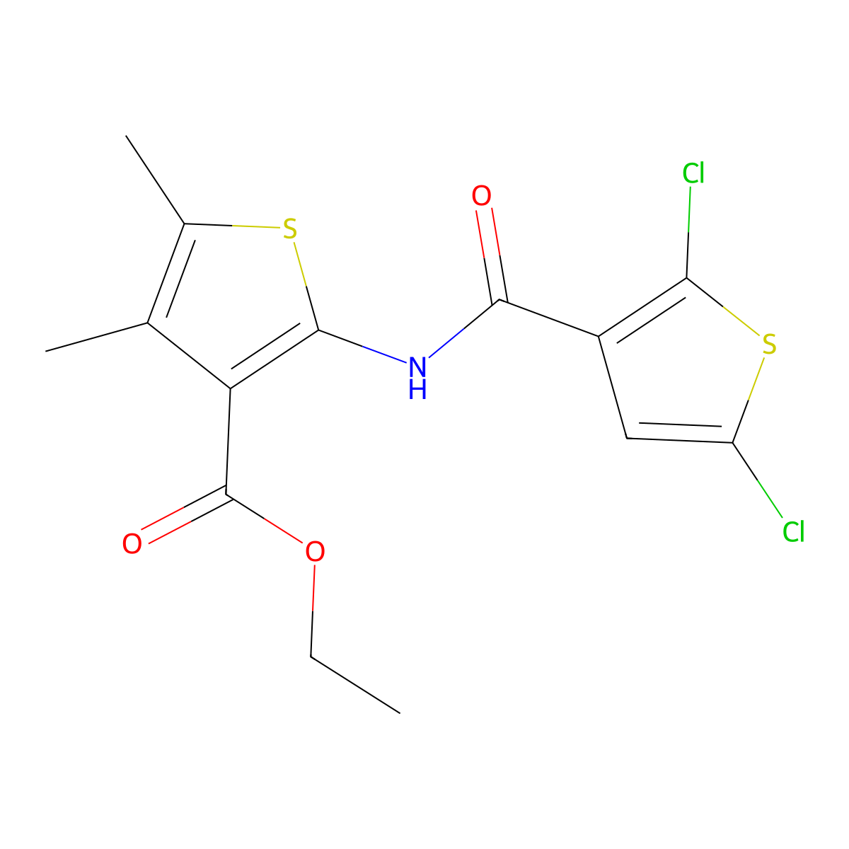 Ethyl 2-(2,5-dichlorothiophene-3-carboxamido)-4,5-dimethylthiophene-3-carboxylate molecular structure, CAS 393838-63-6