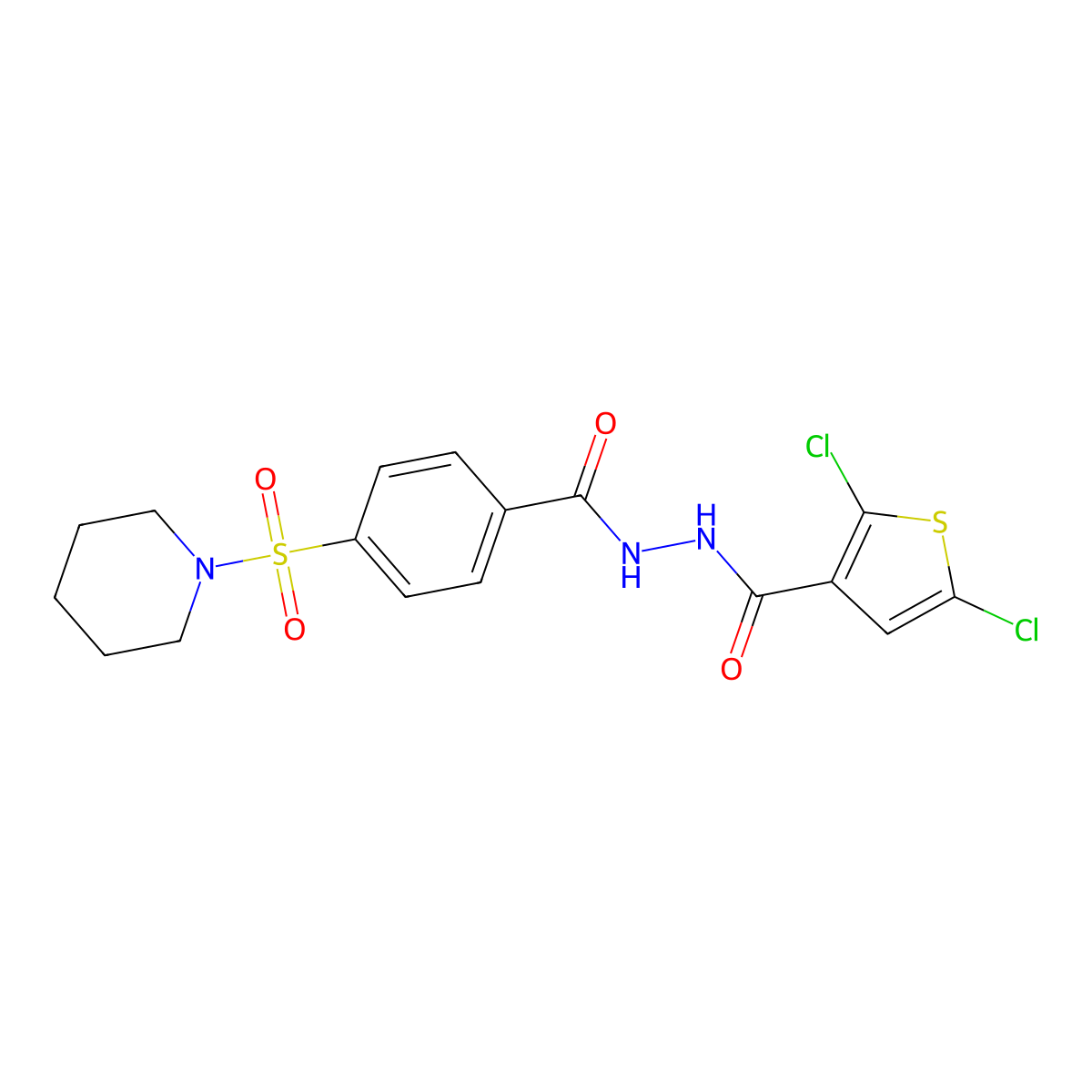2,5-dichloro-N'-(4-(piperidin-1-ylsulfonyl)benzoyl)thiophene-3-carbohydrazide molecular structure, CAS 393838-65-8