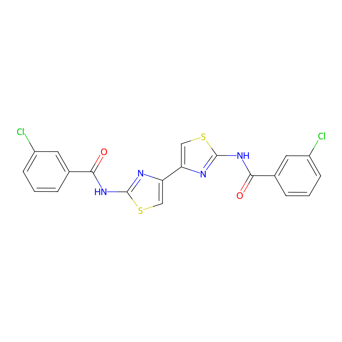 3-chloro-N-[4-[2-[(3-chlorobenzoyl)amino]-1,3-thiazol-4-yl]-1,3-thiazol-2-yl]benzamide molecular structure, CAS 393838-67-0