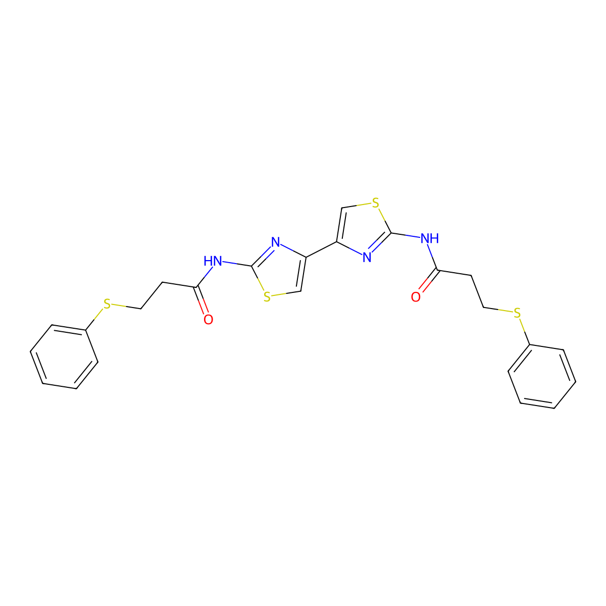 3-phenylsulfanyl-N-[4-[2-(3-phenylsulfanylpropanoylamino)-1,3-thiazol-4-yl]-1,3-thiazol-2-yl]propanamide molecular structure, CAS 393838-76-1