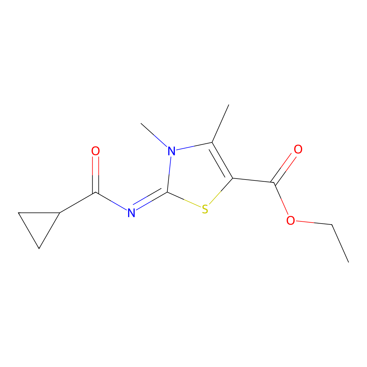 (Z)-ethyl 2-((cyclopropanecarbonyl)imino)-3,4-dimethyl-2,3-dihydrothiazole-5-carboxylate molecular structure, CAS 393838-82-9