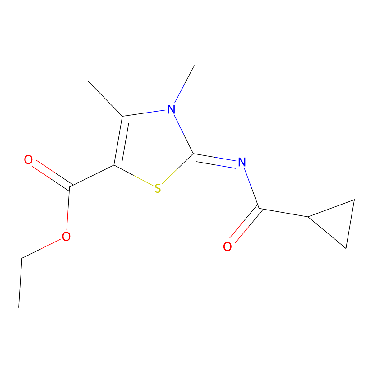 (Z)-ethyl 2-((cyclopropanecarbonyl)imino)-3,4-dimethyl-2,3-dihydrothiazole-5-carboxylate molecular structure, CAS 393838-82-9