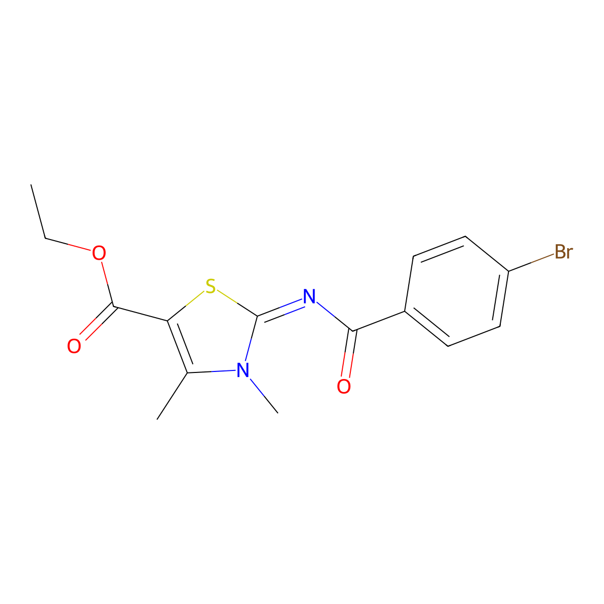 (Z)-ethyl 2-((4-bromobenzoyl)imino)-3,4-dimethyl-2,3-dihydrothiazole-5-carboxylate molecular structure, CAS 393838-84-1