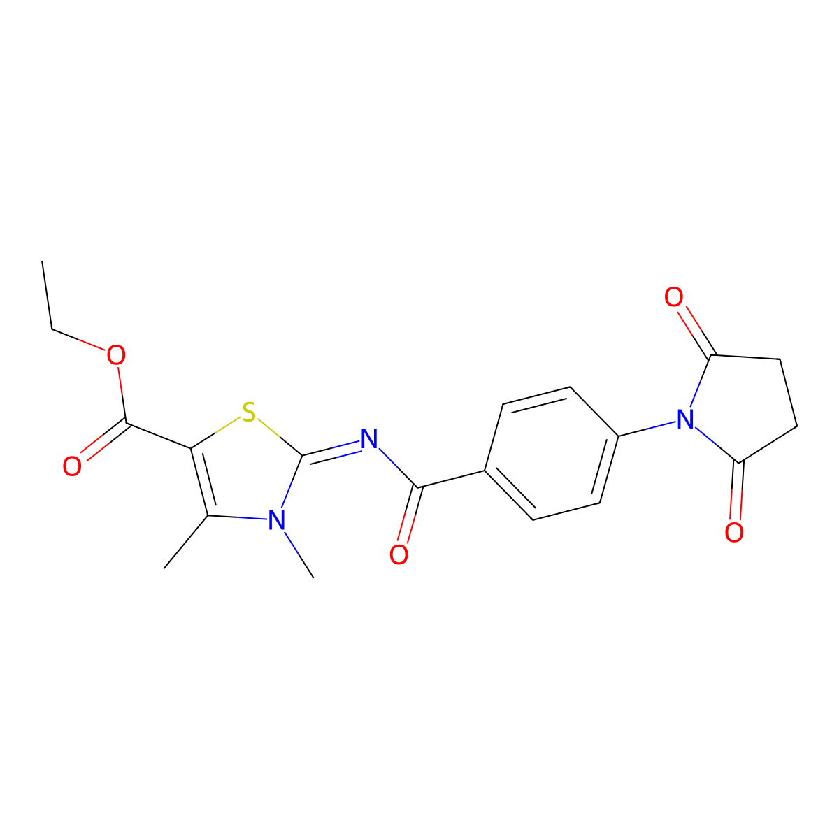 (Z)-ethyl 2-((4-(2,5-dioxopyrrolidin-1-yl)benzoyl)imino)-3,4-dimethyl-2,3-dihydrothiazole-5-carboxylate molecular structure, CAS 393838-93-2
