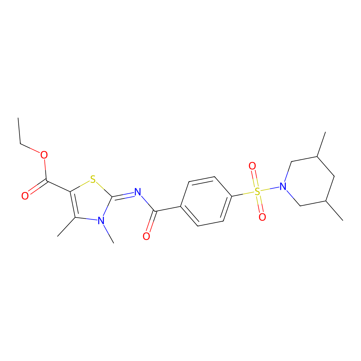 ethyl (2Z)-2-({4-[(3,5-dimethylpiperidin-1-yl)sulfonyl]benzoyl}imino)-3,4-dimethyl-2,3-dihydro-1,3-thiazole-5-carboxylate molecular structure, CAS 393838-99-8