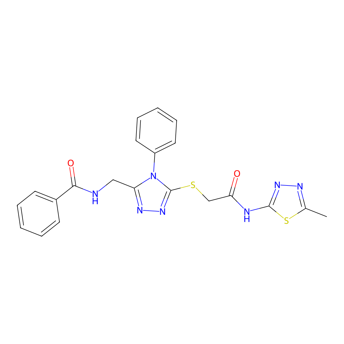 N-((5-((2-((5-methyl-1,3,4-thiadiazol-2-yl)amino)-2-oxoethyl)thio)-4-phenyl-4H-1,2,4-triazol-3-yl)methyl)benzamide molecular structure, CAS 393839-27-5