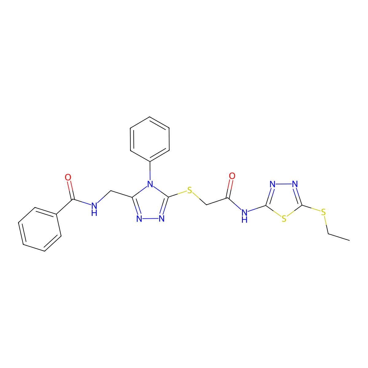N-[[5-[2-[(5-ethylsulfanyl-1,3,4-thiadiazol-2-yl)amino]-2-oxoethyl]sulfanyl-4-phenyl-1,2,4-triazol-3-yl]methyl]benzamide molecular structure, CAS 393839-28-6