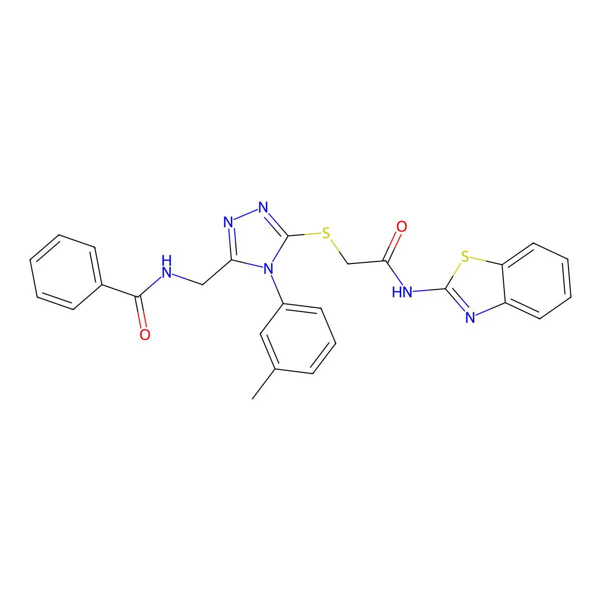 N-((5-((2-(benzo[d]thiazol-2-ylamino)-2-oxoethyl)thio)-4-(m-tolyl)-4H-1,2,4-triazol-3-yl)methyl)benzamide molecular structure, CAS 393839-39-9