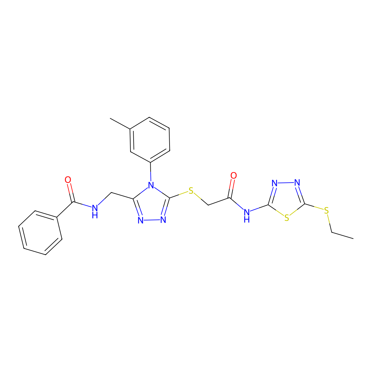 N-[[5-[2-[(5-ethylsulfanyl-1,3,4-thiadiazol-2-yl)amino]-2-oxoethyl]sulfanyl-4-(3-methylphenyl)-1,2,4-triazol-3-yl]methyl]benzamide molecular structure, CAS 393839-42-4