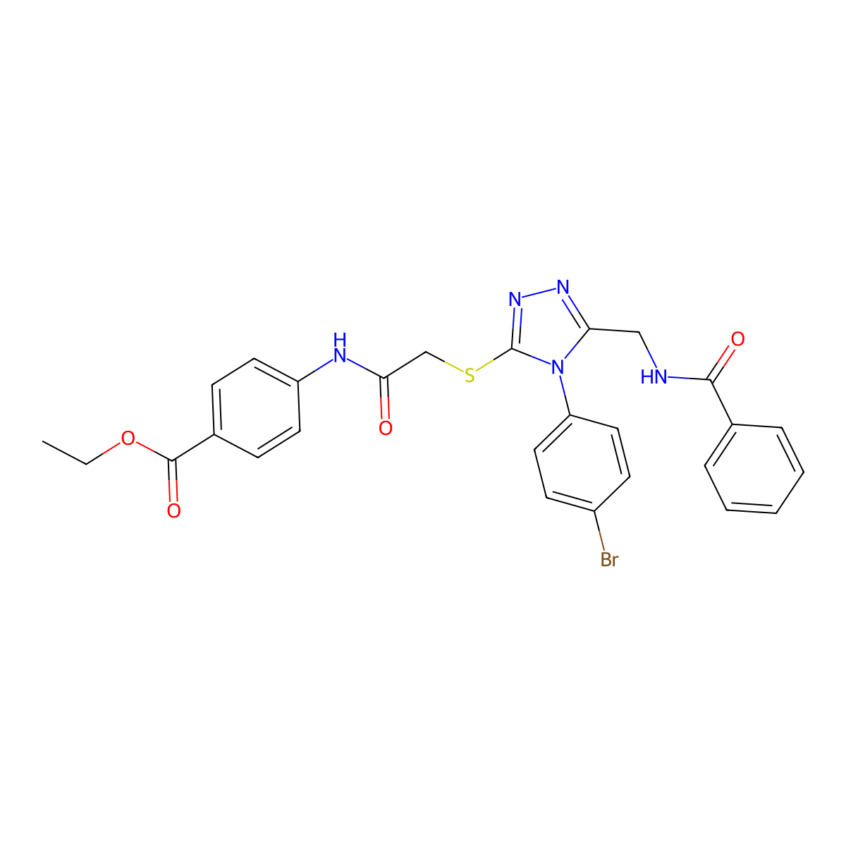 ethyl 4-(2-((5-(benzamidomethyl)-4-(4-bromophenyl)-4H-1,2,4-triazol-3-yl)thio)acetamido)benzoate molecular structure, CAS 393839-50-4